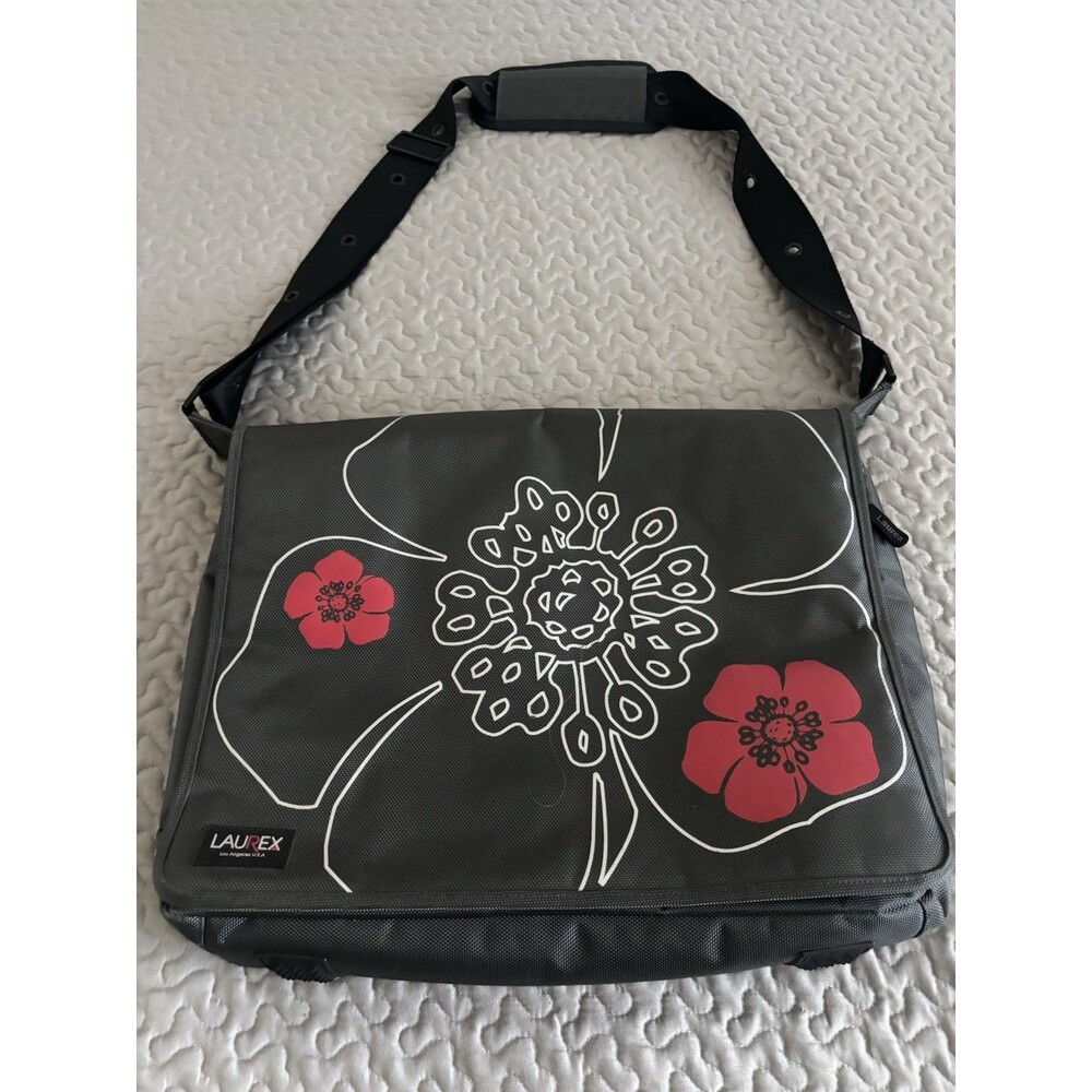 Laurex Messenger Bag Gray Floral 17" Laptop Documents Organizer Adjust Strap